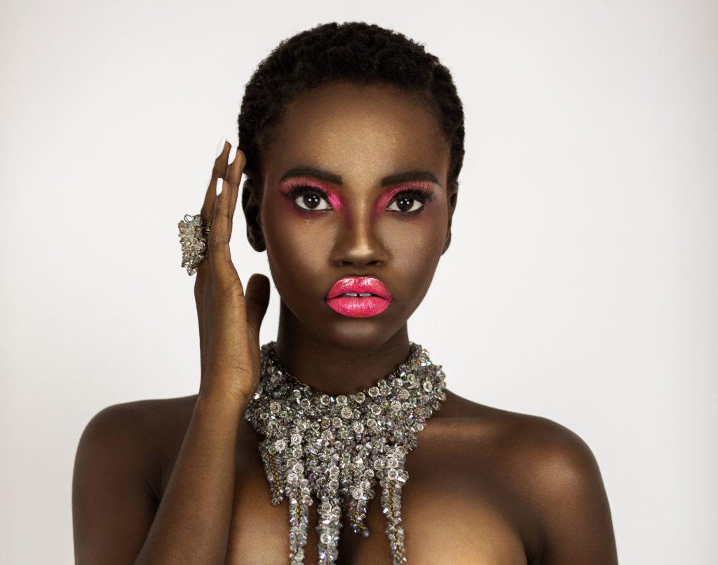 Clean & Serene Black Lady With Pink Lips & Diamond Jewelry