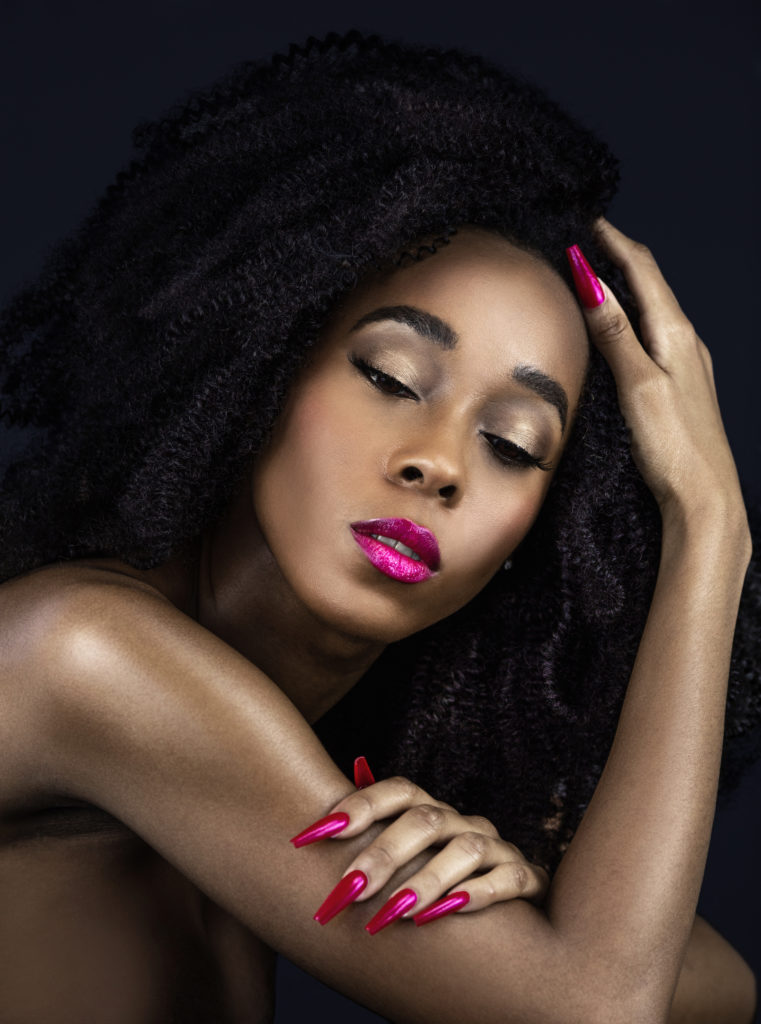 Curly Serene Black Lady with Fuchsia Lipstick & Nails