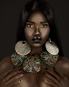 Clean & Serene Black Lady in Colorful Jewelry