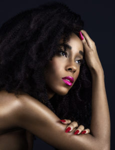 Curly Sensual Black Lady with Fuchsia Lipstick & Nails